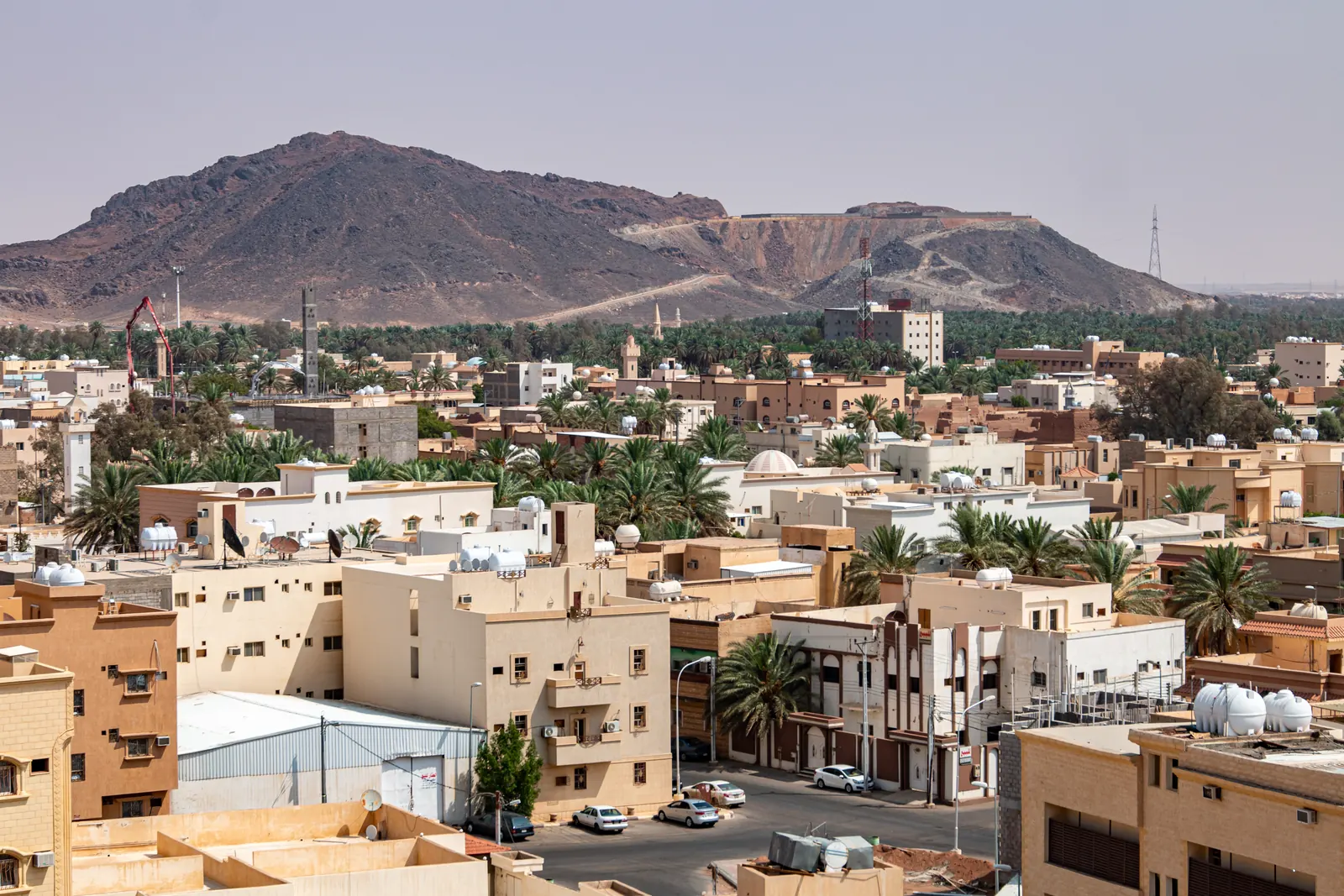 أسطح مدينة حائل ونخيلها والجبال خلفها، من قلعة أعيرف
